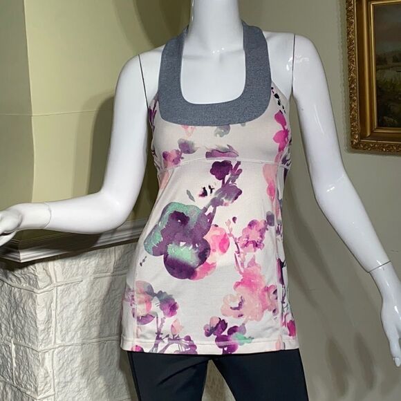 Lululemon Scoop Neck Tank Top Blurred Blossoms White / Heathered Fossil - Picture 2 of 16